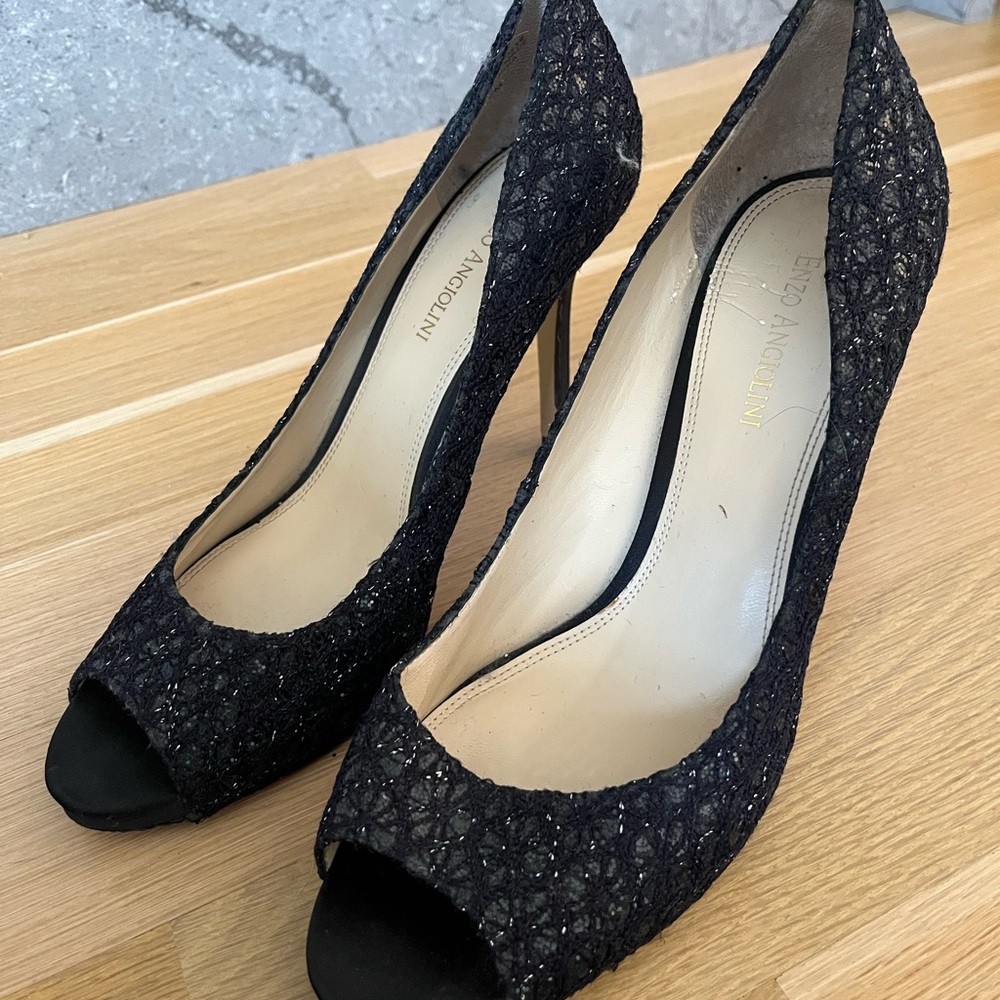 Enzo Angiolini Woven and Sparkles Black Peep Toe Heels